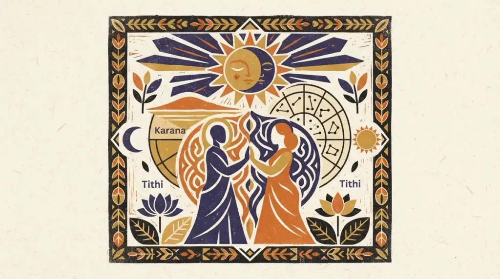 Abstract celestial block print showing peaceful sun and moon motifs in saffron and indigo