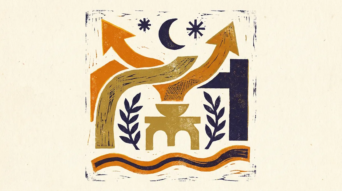 A stylized block-print illustration of a quiver of arrows in indigo and saffron against a textured paper background.
