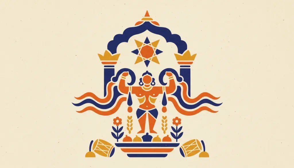 A stylized block-print illustration of a quiver of arrows in indigo and saffron against a textured paper background.