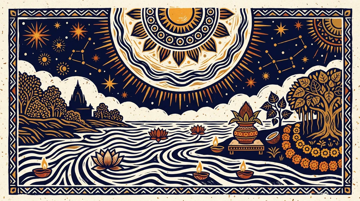 A stylized full moon in block-print style on a textured paper background.