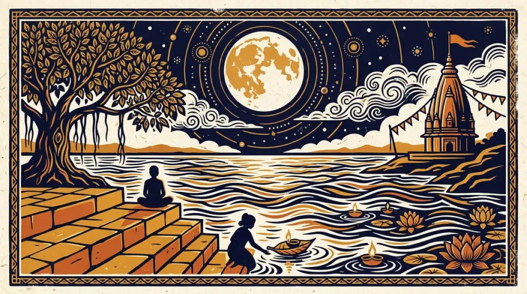 A stylized full moon in block-print style on a textured paper background.