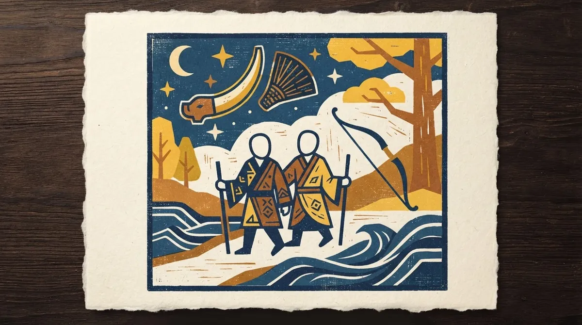 Flat block-print illustration of a winnowing basket and water waves symbolizing Purva Ashadha Nakshatra.
