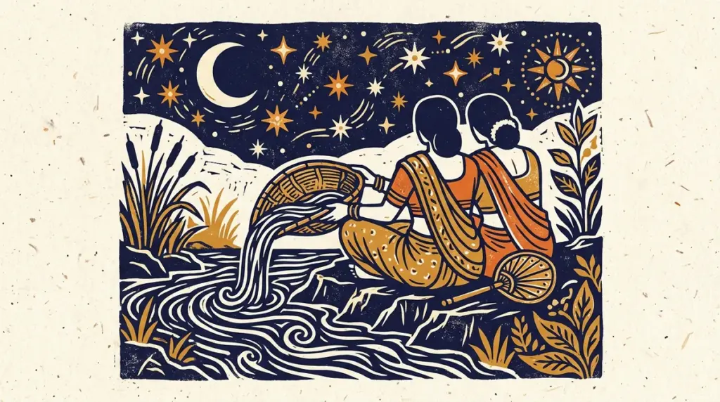 Flat block-print illustration of a winnowing basket and water waves symbolizing Purva Ashadha Nakshatra.