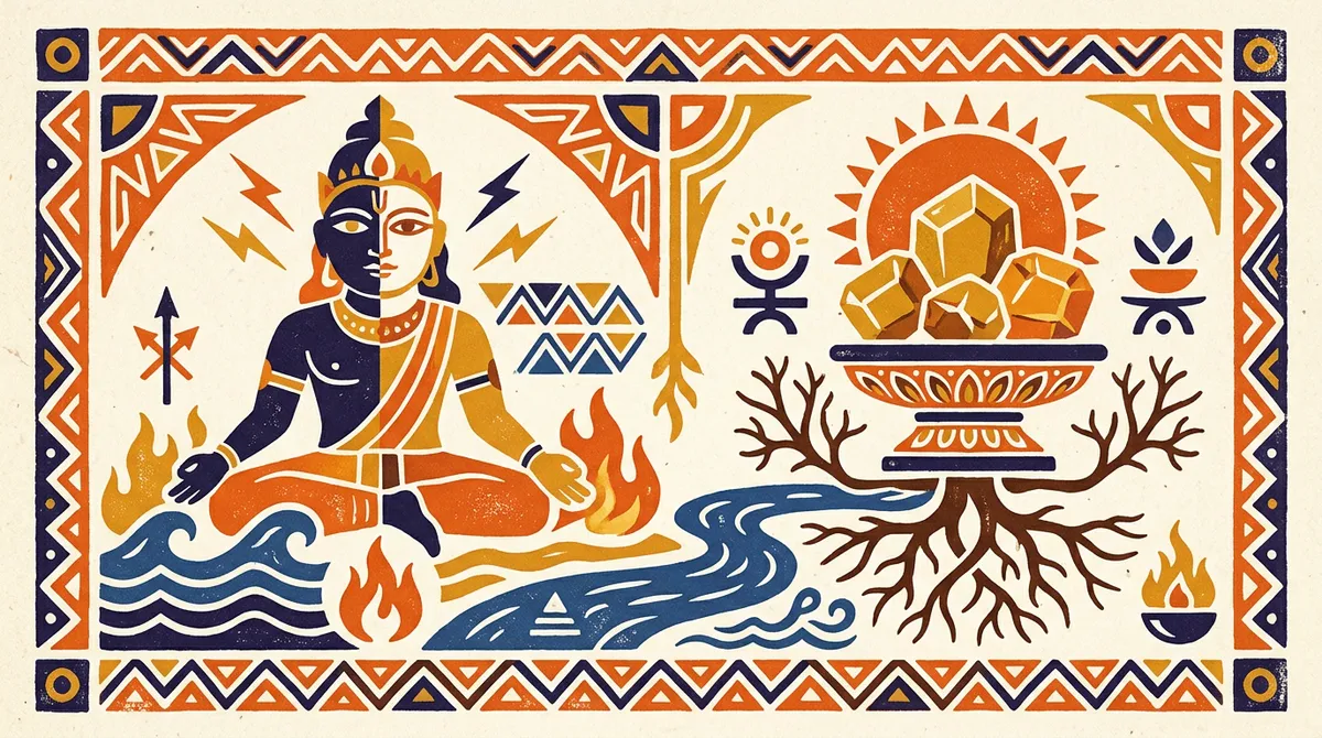 A simple block-print style illustration showing a sword and a yellow gemstone, representing symbols of Purva Bhadrapada Nakshatra.