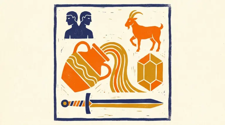 A simple block-print style illustration showing a sword and a yellow gemstone, representing symbols of Purva Bhadrapada Nakshatra.
