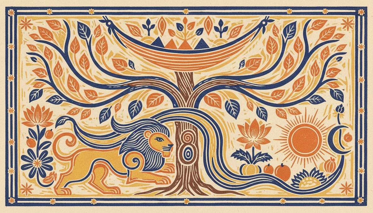 A minimalist block-print style illustration of a hammock, representing the symbol of Purva Phalguni Nakshatra.