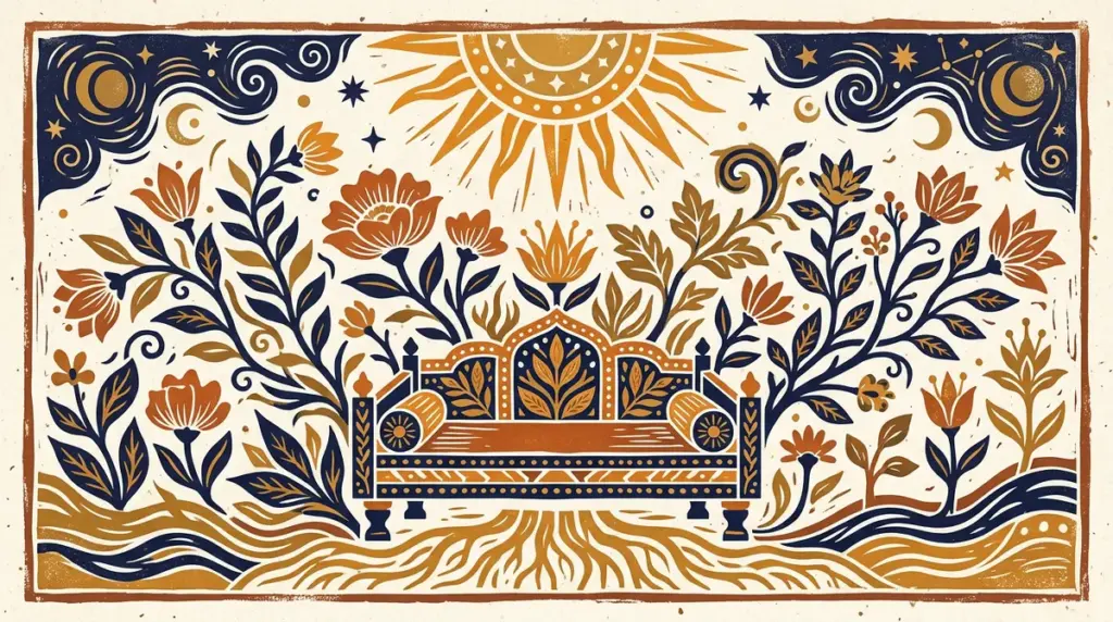A minimalist block-print style illustration of a hammock, representing the symbol of Purva Phalguni Nakshatra.