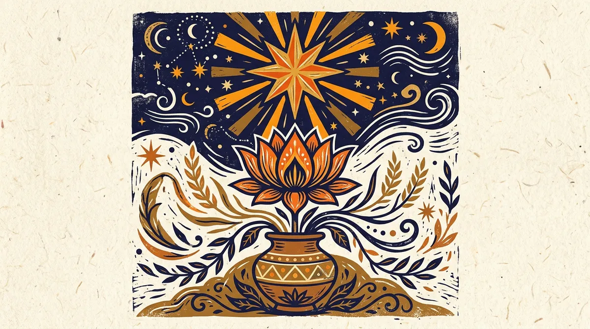 Pushya Nakshatra: How To Find Yours 1 A simple block-print style drawing of a lotus flower in saffron and indigo colors.