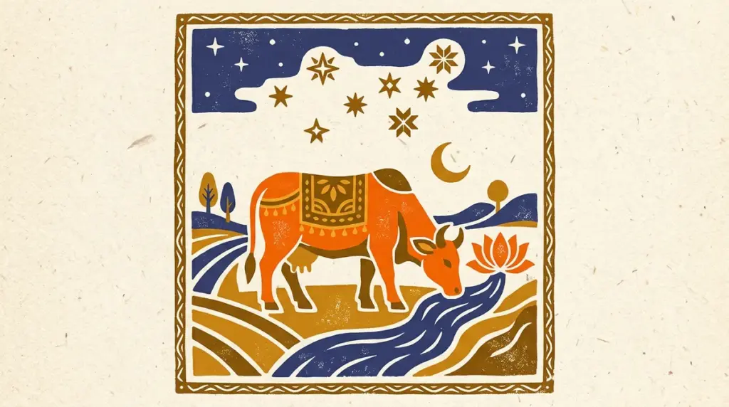 A simple block-print style drawing of a lotus flower in saffron and indigo colors.