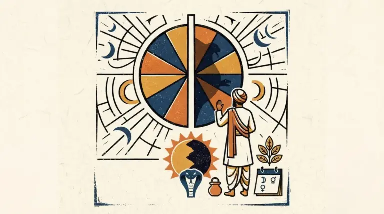 A simple, artistic block-print of a sun rising, representing the daily cycle of time.