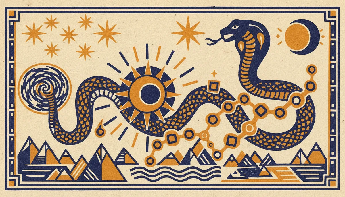 A minimalist block-print style illustration showing celestial node motifs in indigo and saffron ink.