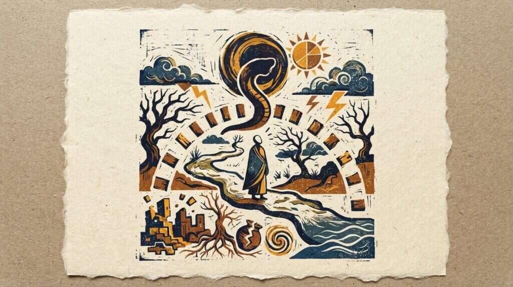 A minimalist block-print style illustration showing celestial node motifs in indigo and saffron ink.