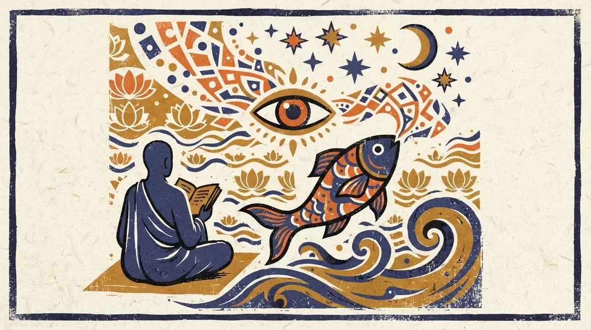 A minimalist block-print illustration of a fish representing the Revati nakshatra.