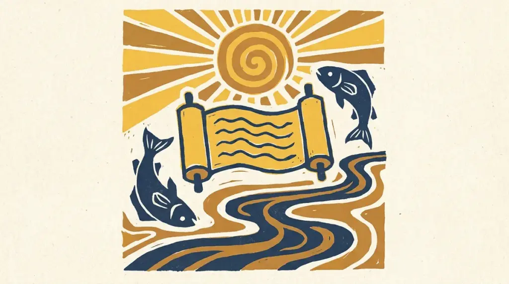 A minimalist block-print illustration of a fish representing the Revati nakshatra.