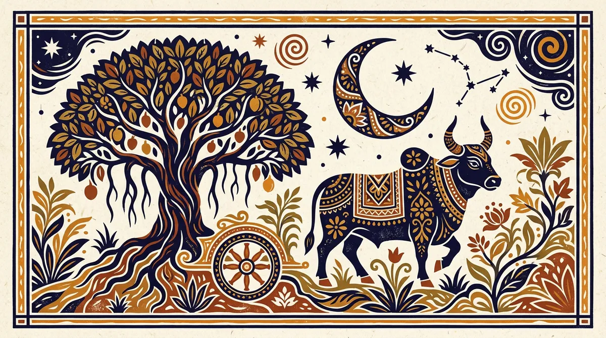 Flat block print art showing a celestial chariot and flowers under a bright star in saffron and indigo.