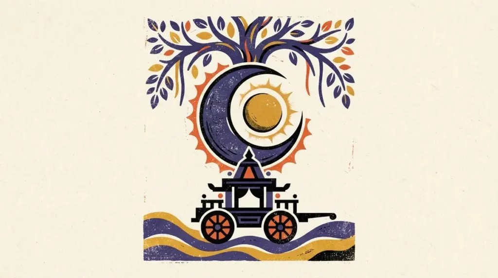 Flat block print art showing a celestial chariot and flowers under a bright star in saffron and indigo.