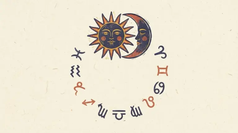 A flat block-print illustration of a crescent moon and Saturn, representing the Sade Sati transit cycle.
