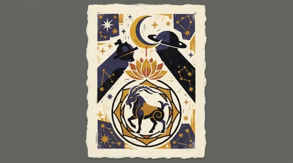 A minimalist block-print illustration featuring an hourglass and a crescent moon, representing the passage of time in Vedic astrology.