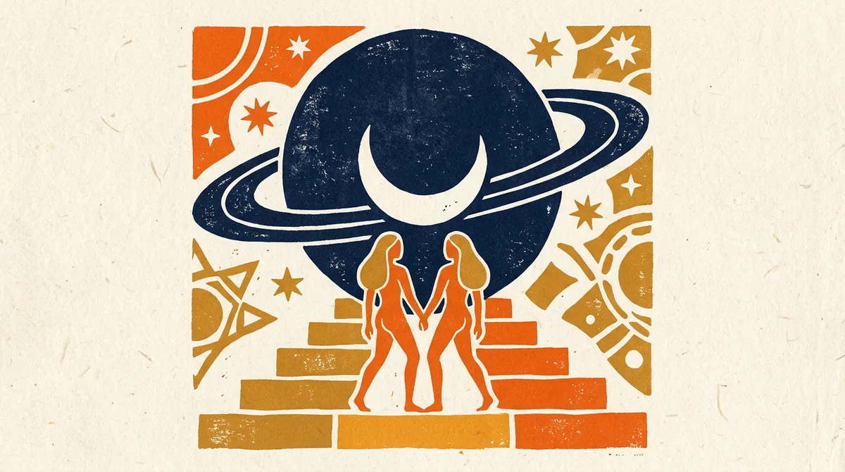 Sade Sati Gemini Meaning: A Clear Guide 1 Abstract block-print illustration representing planetary transits and zodiac themes in saffron and indigo.