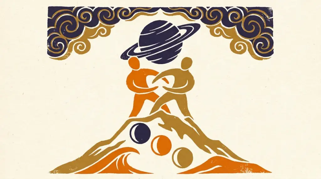 Abstract block-print illustration representing planetary transits and zodiac themes in saffron and indigo.