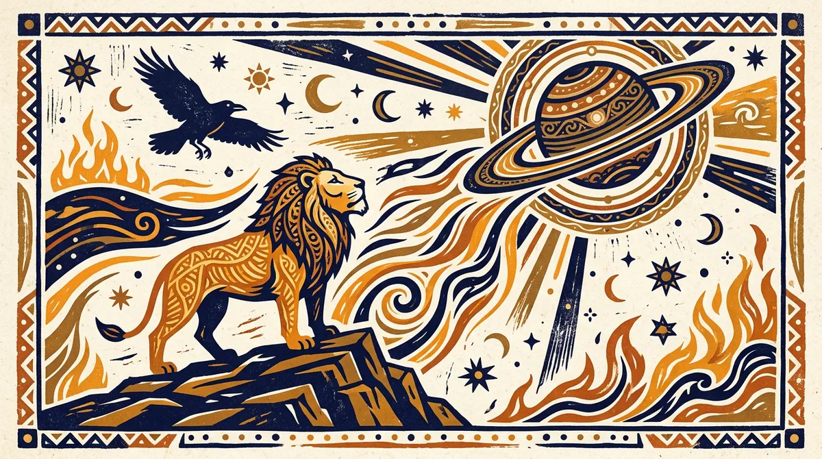 Sade Sati transit illustration in block print style with saffron and indigo colors