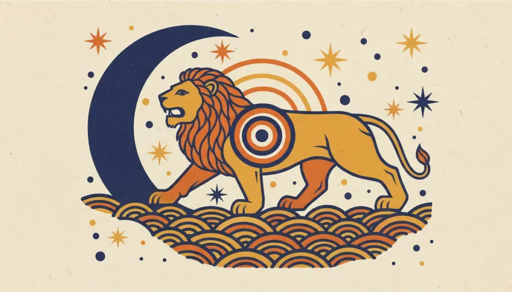 Sade Sati transit illustration in block print style with saffron and indigo colors