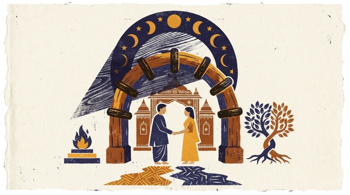Flat block print illustration of balanced scales and cosmic lines representing Sade Sati for Libra
