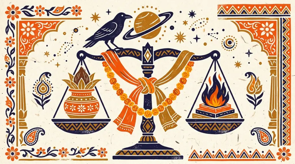 Flat block print illustration of balanced scales and cosmic lines representing Sade Sati for Libra