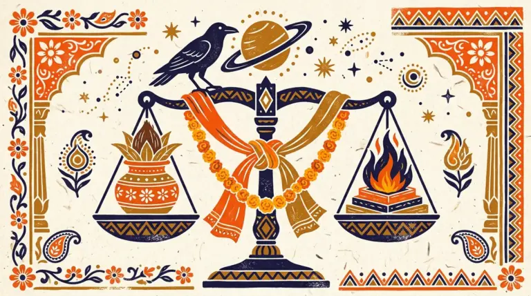 Flat block print illustration of balanced scales and cosmic lines representing Sade Sati for Libra
