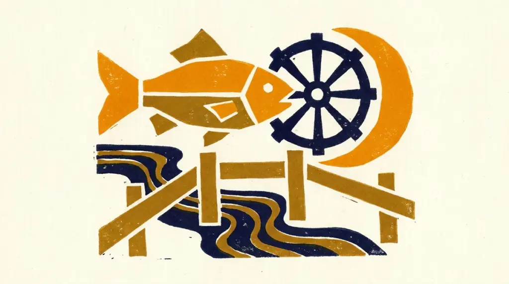 Stylized block-print illustration representing Saturn and Pisces Moon transit