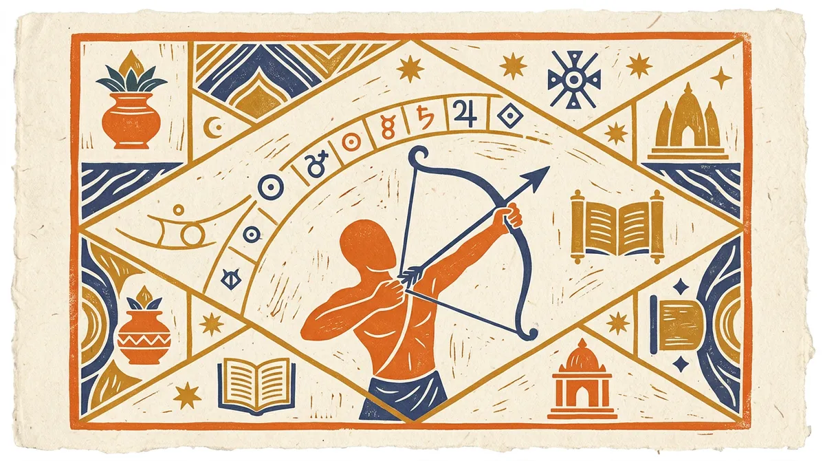 Celestial block print illustration representing Sagittarius rising sign and transits
