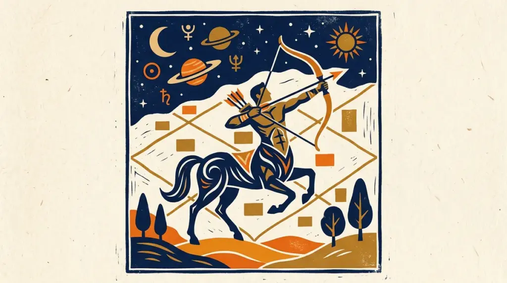 Celestial block print illustration representing Sagittarius rising sign and transits