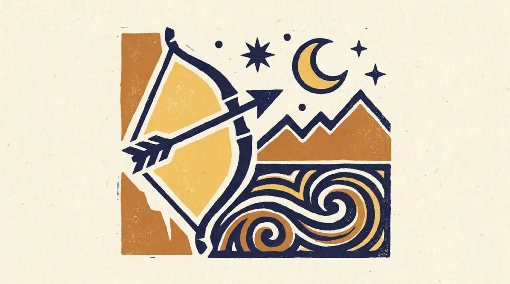 A flat block-print style illustration featuring the Archer's bow, symbolizing focus and creative intent.