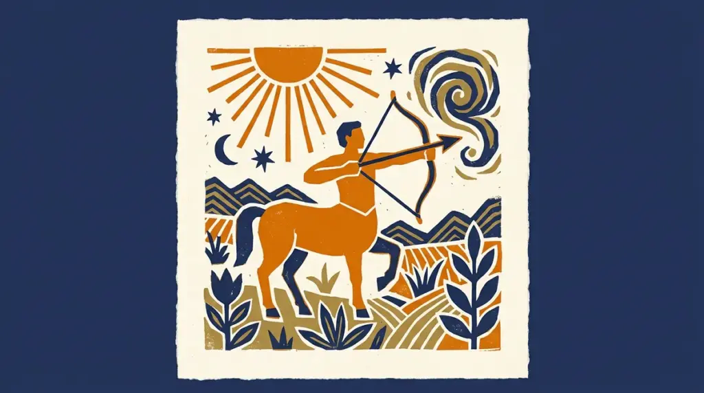 A simple block-print illustration of a bow and arrow representing the sign.