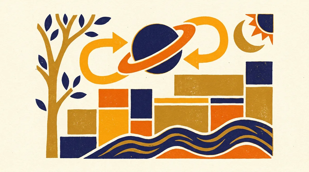 A minimalist block-print style illustration of the planet Saturn.