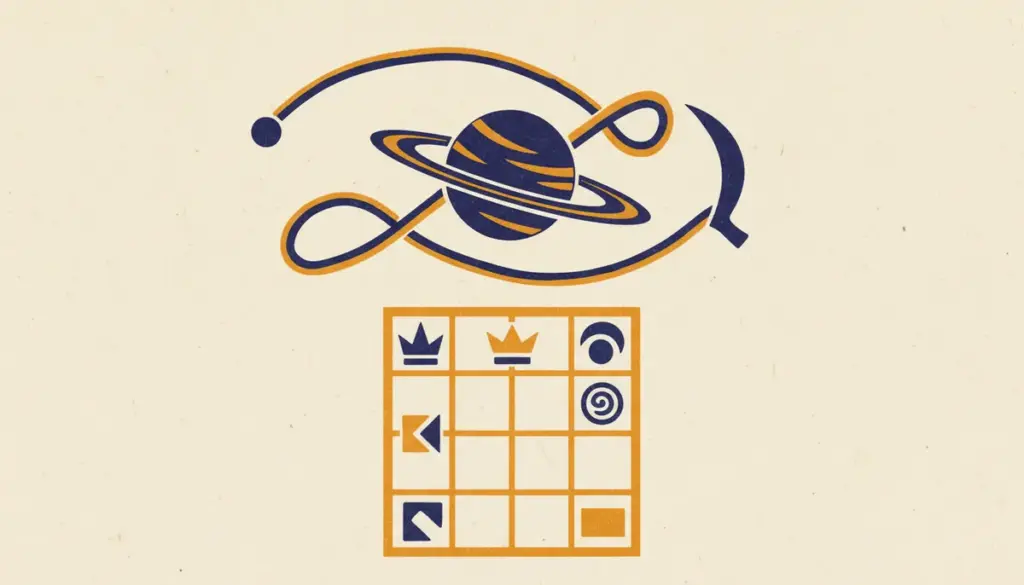A minimalist block-print style illustration of the planet Saturn.
