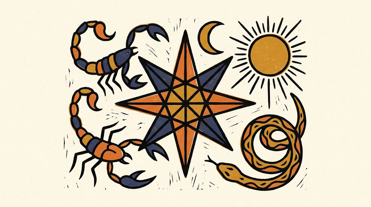 A stylized, minimalist illustration of a scorpion in deep indigo and saffron colors on a textured paper background.