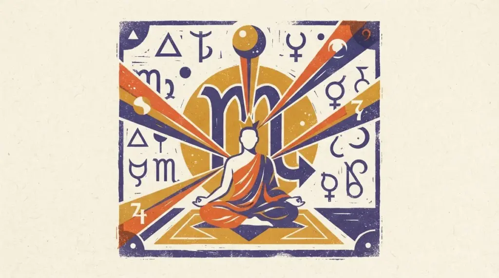 A stylized, minimalist illustration of a scorpion in deep indigo and saffron colors on a textured paper background.