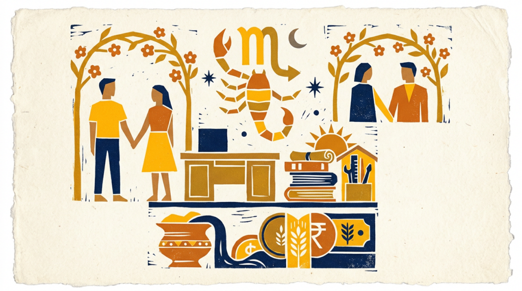 A simple flat block-print illustration featuring a stylized scorpion silhouette amidst gentle swirling patterns.