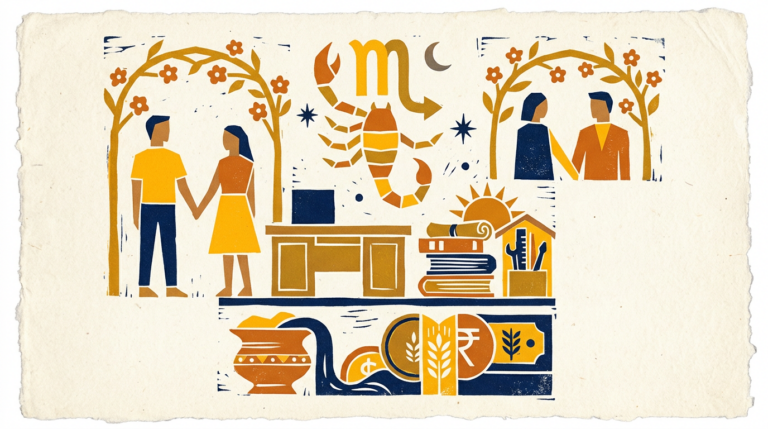 A simple flat block-print illustration featuring a stylized scorpion silhouette amidst gentle swirling patterns.