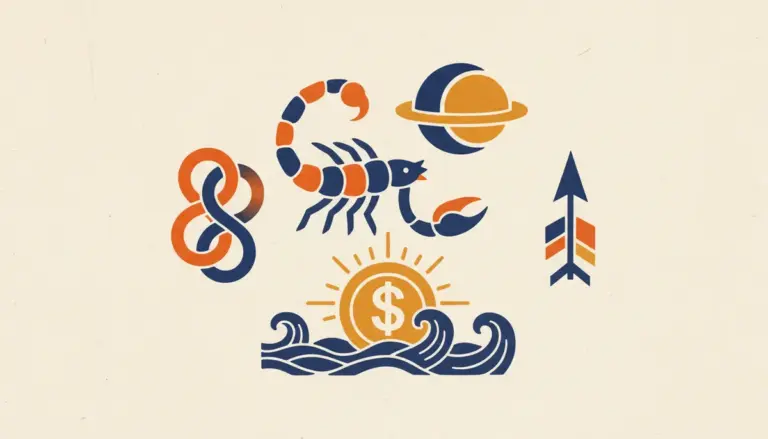 A minimalist block-print style illustration of a scorpion silhouette against a simple, textured background.