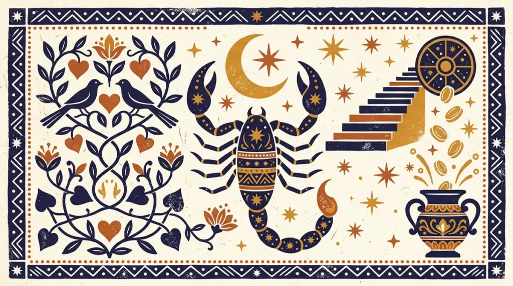 A minimalist, flat-style block print showing a scorpion silhouette against a textured, neutral-toned background.