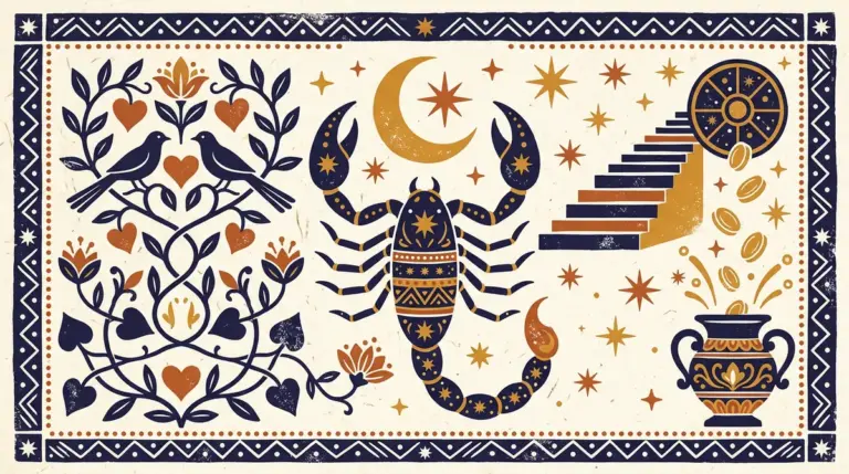 A minimalist, flat-style block print showing a scorpion silhouette against a textured, neutral-toned background.