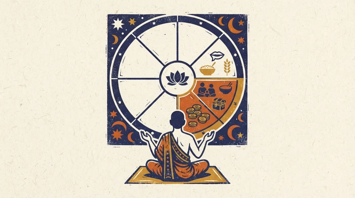 A minimalist block-print style graphic representing the second house in a Vedic astrology chart.