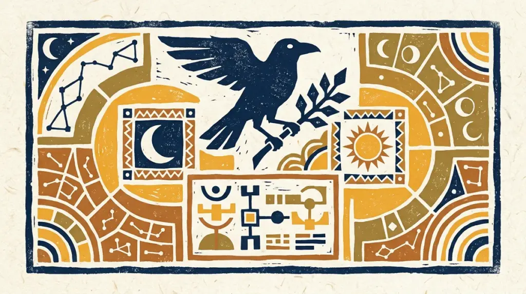 Abstract block print art of lunar phases and celestial geometry in saffron and indigo.