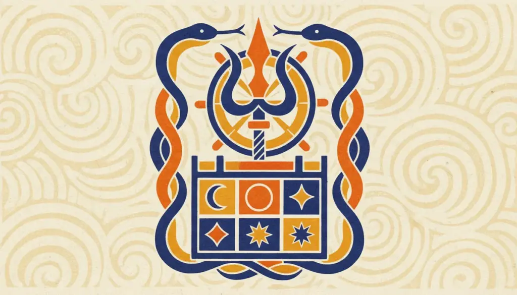 Minimalist block print graphic of abstract calendar lines and a trident symbol in saffron and indigo.