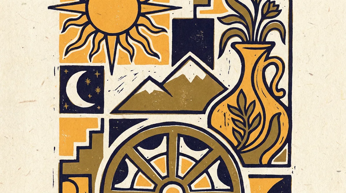 A minimalist block-print style illustration showing an open path and lotus flowers in saffron and indigo.