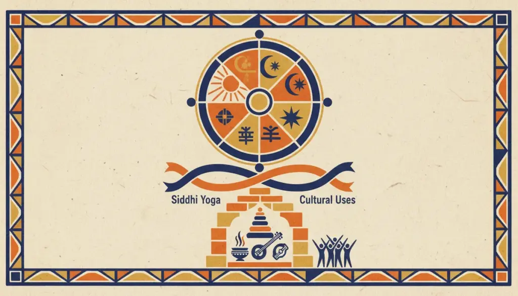 A minimalist block-print style illustration showing an open path and lotus flowers in saffron and indigo.
