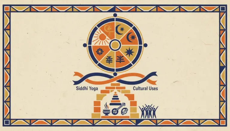 A minimalist block-print style illustration showing an open path and lotus flowers in saffron and indigo.