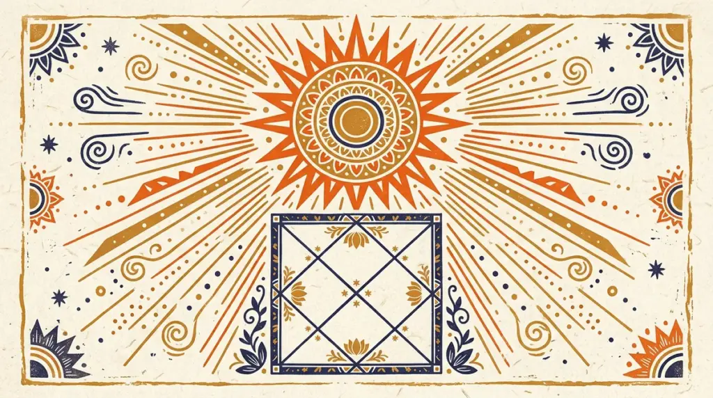 Minimalist block print graphic of the Sun symbol representing vitality in Vedic astrology.
